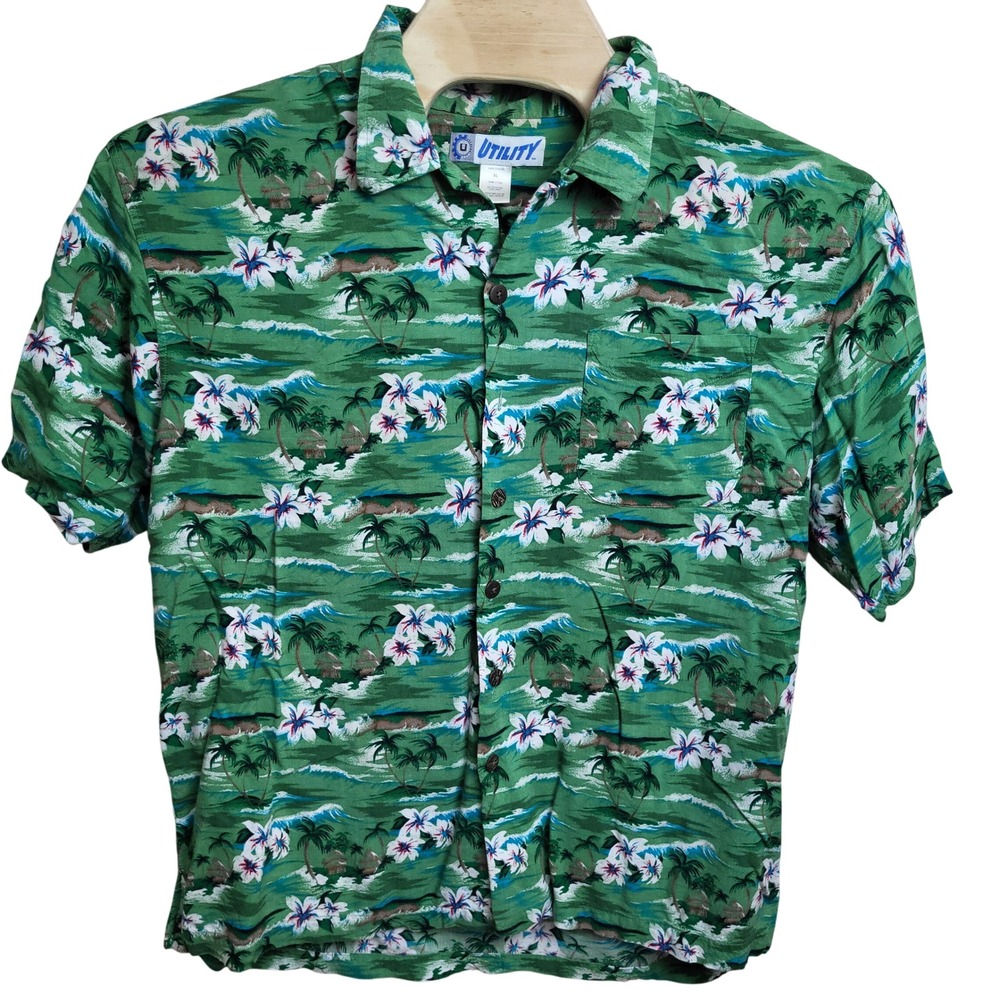 Utility Mens XL Green Hawaiian‎ Button Up Shirt Palm Tree Floral Print Aloha